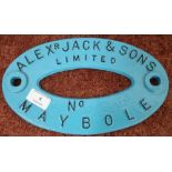 Oval cast metal makers plaque for Alex Jack & Sons Limited Maybole (28.5cm x 17cm)