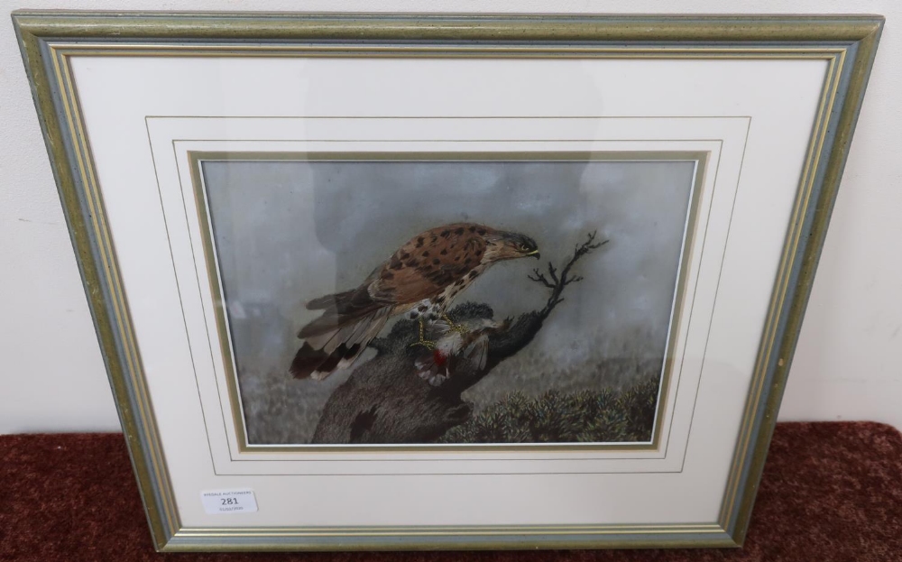 Unusual framed and mounted mixed collage artwork of a bird of prey with prey in naturalistic