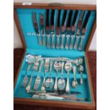 Teak cased part silver plated canteen of cutlery