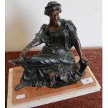 Late 19th C Spelter figure of a classical style seated lady on stepped marble base (height 29cm)