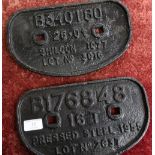 Two cast metal railway wagon plates, B176848 1955 16T and B340160 25T Shildon 1977 (2)