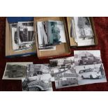 Three boxes of various assorted black & white bus and coach related photographs and photographic