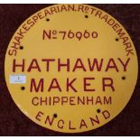 Cast metal circular makers plaque for the Shakespearian Rd Trademark No.76960 Hathaway Maker