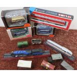 Selection of various die-cast buses, model trains, boxed Lima carriage and rolling stock in one box
