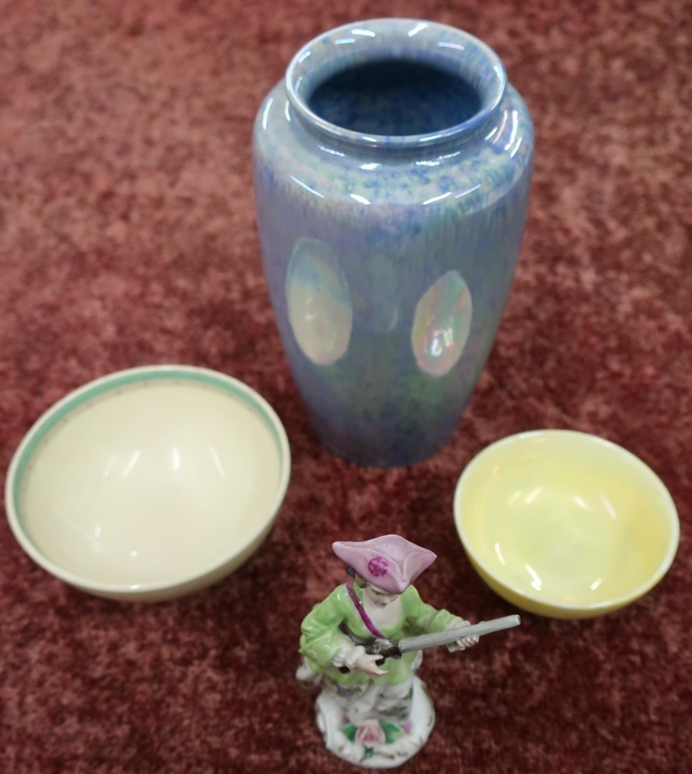 Raskin vase, Sitzendorf figure, Susie Cooper bowl and a Royal Doulton bowl (4)