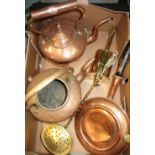 Two copper kettles, a brass meat Jack, bed warming pan and chestnut roaster