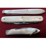 Group of three various pocket knives with Mother of Pearl grips