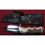 Bear USA 3.5 inch broad bladed sheath knife with Sambar horn & brass mounted grip and leather sheath