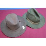 Waxed Orvis leather brimmed hat, size M, with enamel Orvis badge, and a mole skin brimmed hat, large