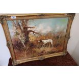 20th C gilt framed oil on board painting of English Pointer dog in wooded scene by J Fitz (69cm x