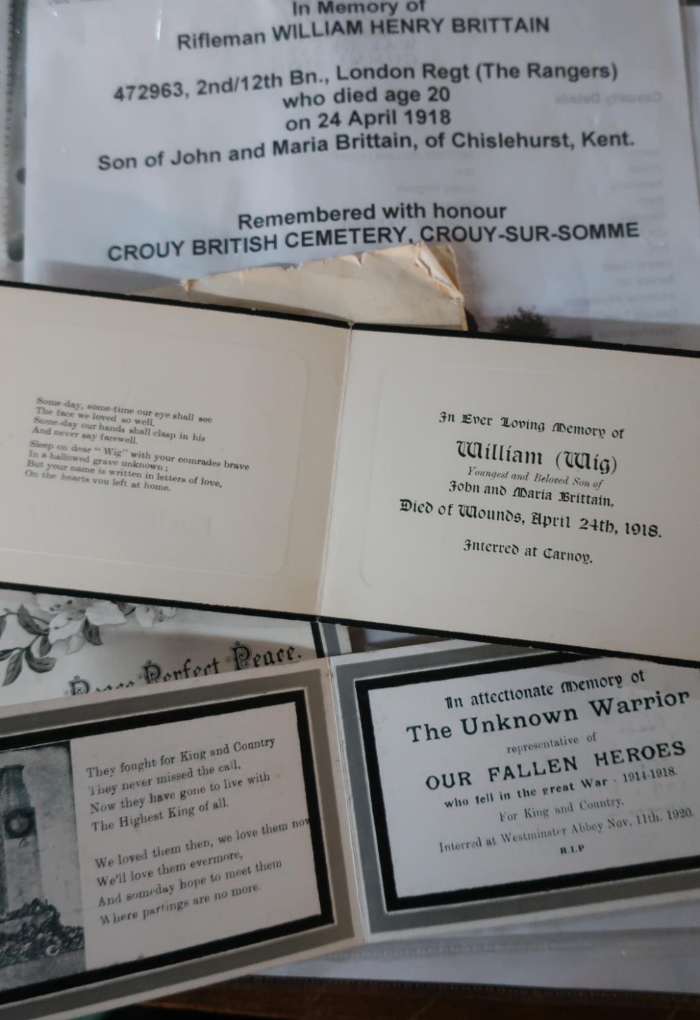 Collection of five memorial cards sent to Mr & Mrs Brittain with photocopied research material for - Image 2 of 2
