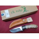 Boxed as new Elk Ridge sheath knife ER-128 with 3 inch blade, two piece wooden grips and leather