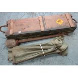 Rectangular military wooden packing crate marked 'Cartridges For Weapons' containing various items