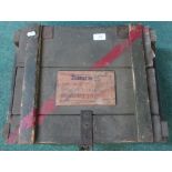 Wooden military equipment packing case, with plaque (49cm x 36cm x 19cm)
