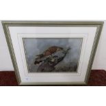 Unusual framed and mounted mixed collage artwork of a bird of prey with prey in naturalistic