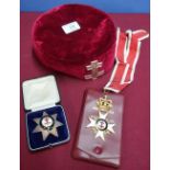 Masonic interest including a red velvet cap with Jesuit Cross cap badge, associated silver and
