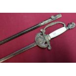 Belgium courtiers sword with tri-form straight blade with engraved detail and makers detail for