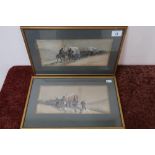 Pair of over painted military prints of marching troops in winter scene, possibly French - Russian