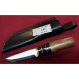 Damascus bladed Sheffield made sheath knife with 3.5 inch blade, with sectional wood & horn grip and