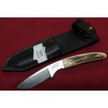 I&J Barber of Sheffield sheath knife with 2 3/4 inch blade, two piece antler horn grip and leather