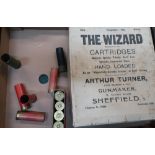 Collection of vintage shotgun cartridges including a case for Wizard Cartridges by Arthur Turner