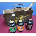 7.62 L2A2 wooden ammunition box and 2 1/2 tins of Hodgson Pyrodex Muzzle Loading Repellent RS (