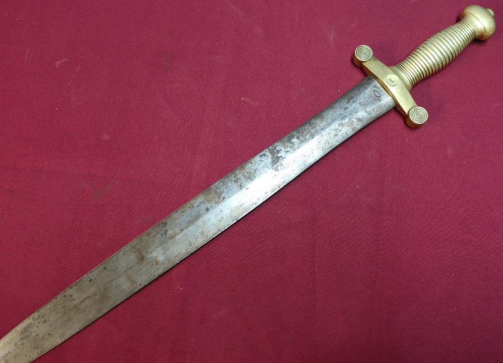 19th C French Artillery Gladius type sword with 19 inch double edged swollen blade stamped with