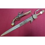 Replica continental combination flintlock pistol hunting sword and a replica brass barrelled