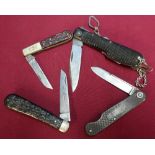 Four vintage pocket knives including Rowbotham Sheffield with lanyard, a J Howarth of Sheffield