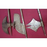 Group of three 19th/20th C Indian steel single handed axes of various shapes and forms with spear