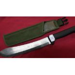 Sheffield made J Adams Ltd machete with 12 inch blade and military style webbing sheath