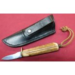 Small American made 2 inch bladed antler griped sheath knife with leather sheath