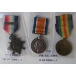 WWI 1914 star trio with 5th AUG-22nd NOV 1914 clasp awarded to 7812 PTE S. James 1/D of Corn.L.I