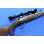 Bruno MOD 2-E .22 LR bolt action rifle with screw cut barrel for sound moderator, fitted with scope,