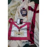 Cased Birmingham silver hallmarked and enamel Knight Templar's cross, associated Masonic apron,