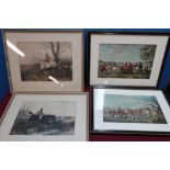 Set of four framed & mounted coloured hunting prints and two pairs of similar pictures (8)