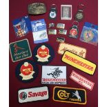 Selection of various shooting related cloth badges, fobs, belt buckles etc including Colt,