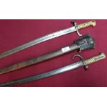 French 19th C bayonet, complete with steel scabbard and leather frog, the top strap dated 1876,