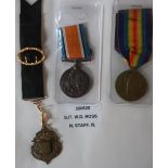 WWI pair awarded to 200620 SJT.W.D.ROSS N.STAFF.R, and associated Lodge type silk and gilt metal fob