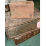 Three various metal military ammo style crates, one marked 'Cartridges BL45 in Gun 3rd Charge',