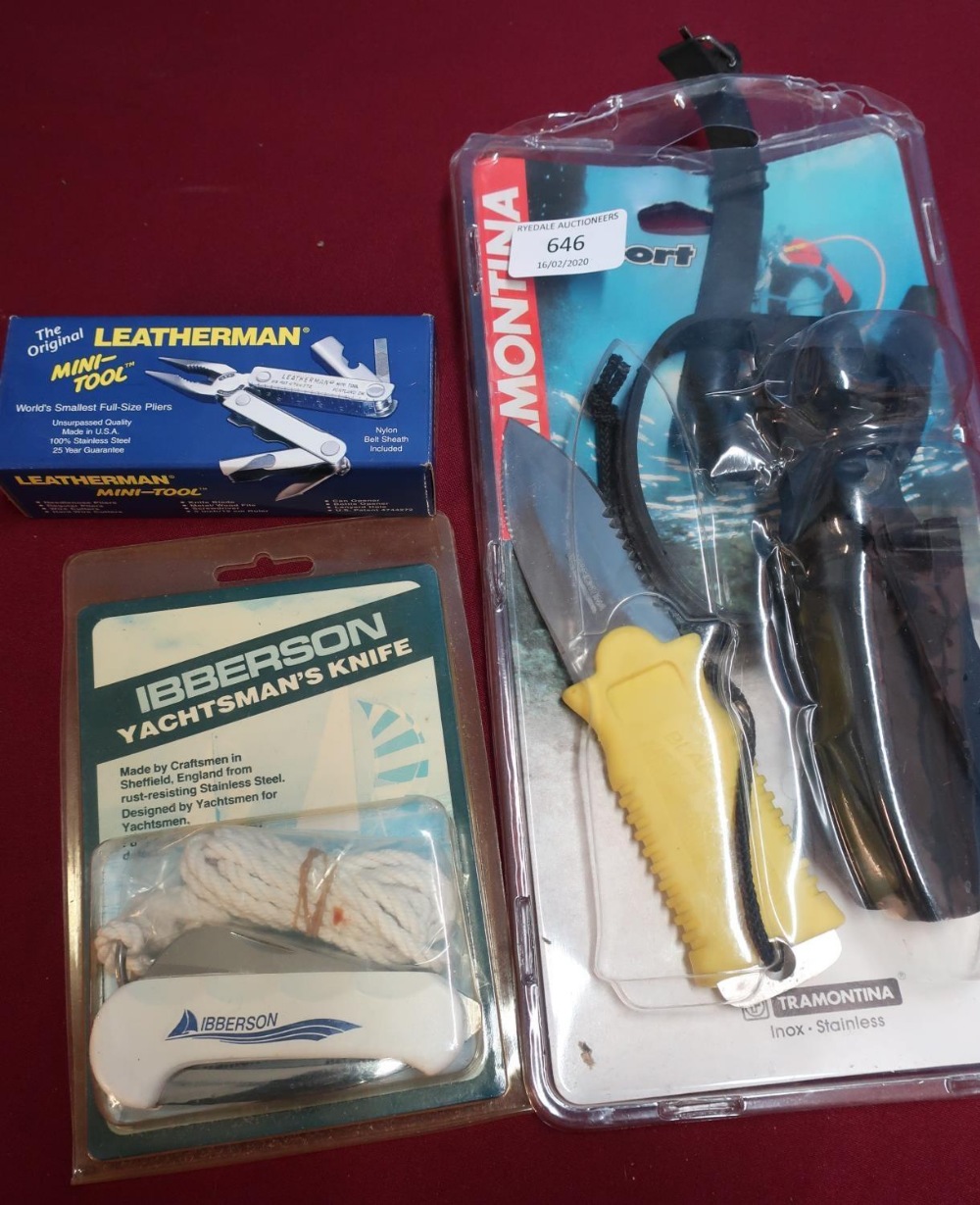 Diver knife & sheath, a Yachtsman knife sealed as new, and a Leatherman multi-tool (3)