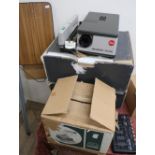 Two Leitz Pradovit slide projectors, Rank Moth slide projector, projector stand, Hama video mixer