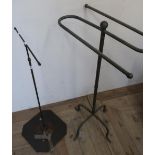 Unusual 20th C adjustable height T shaped perch on square base and a towel rail (2)