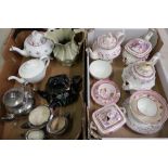 Selection of 19th C and later Lusterware teapots, bowls etc and other ceramics (2 boxes)