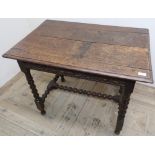 18th C oak planked top side table on bobbin turned supports and H shaped understretcher (91cm x 61cm