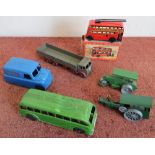 Boxed Wells tin plate clockwork trolley bus, Mettoy bus, Dinky Foden flatbed truck etc