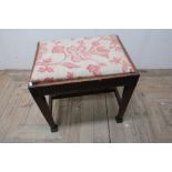 Mahogany rectangular footstool with drop-in upholstered top and H shaped understretcher (50cm x 38cm