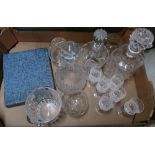Selection of glassware including set of six sherry type glasses, three glass decanters, brandy