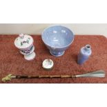 Ruskin large bowl and vase, a crackle glaze opocraphy type jar marked A+H shoe horn etc.