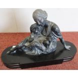Art Deco figure with cast metal seated lady and child on marble base (41cm x 14cm x 28cm)